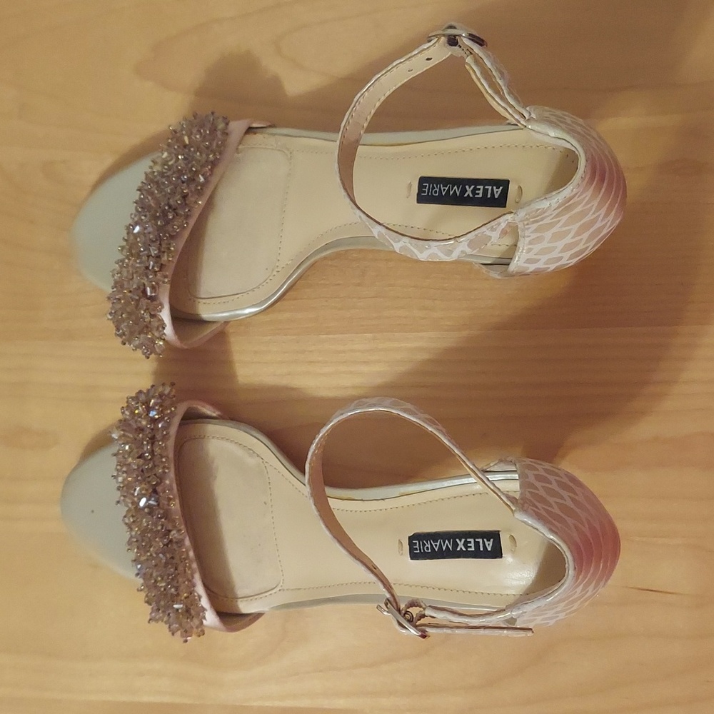Alex Marie Champagne Beaded Animal Print Leather Ankle Strap Heels Size 6.5 - Picture 3 of 16